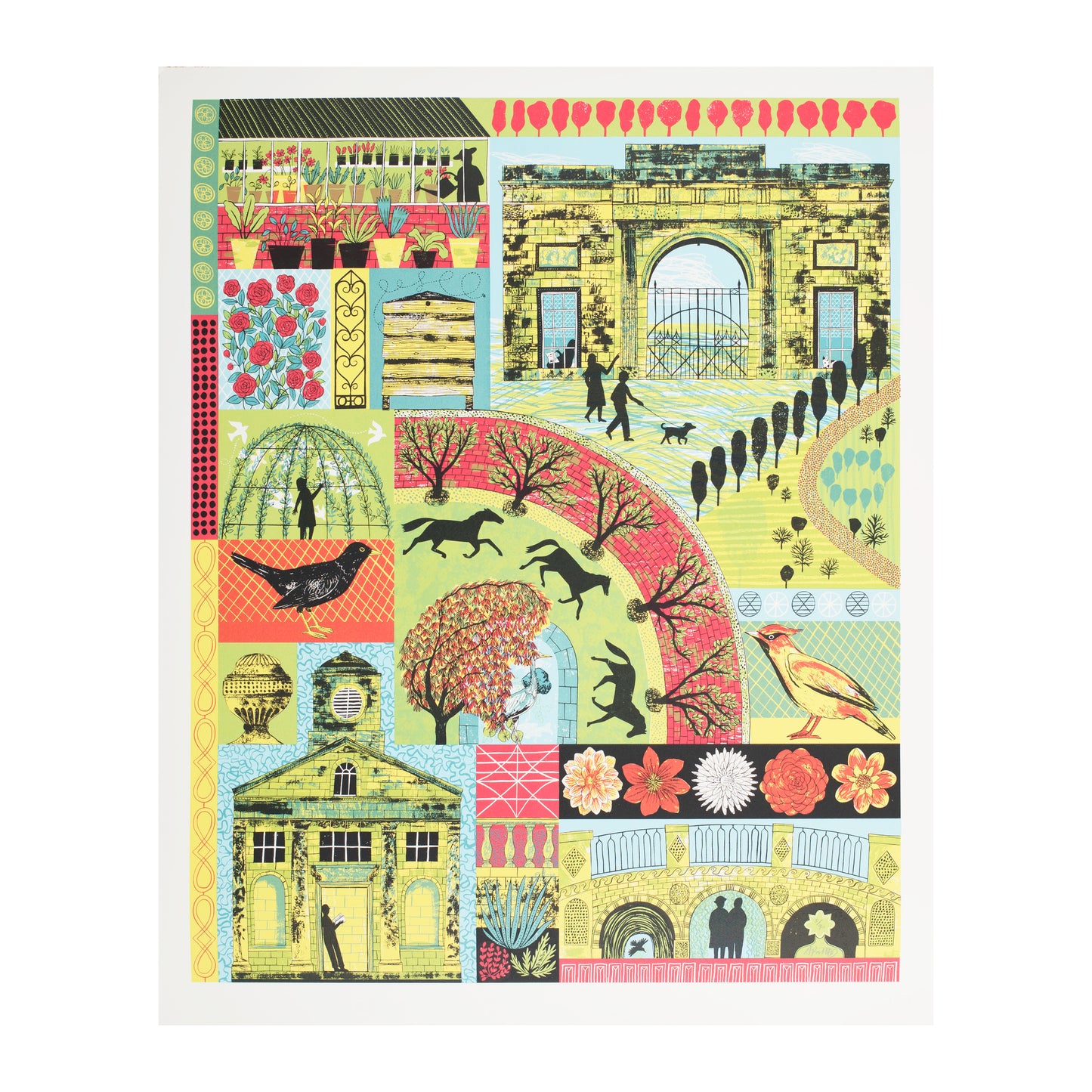 A vibrant collage featuring various scenes: a grand gate, people walking dogs, trees, birds, and floral patterns. The artwork combines bold colours and geometric shapes, creating a lively depiction of nature and urban life.
