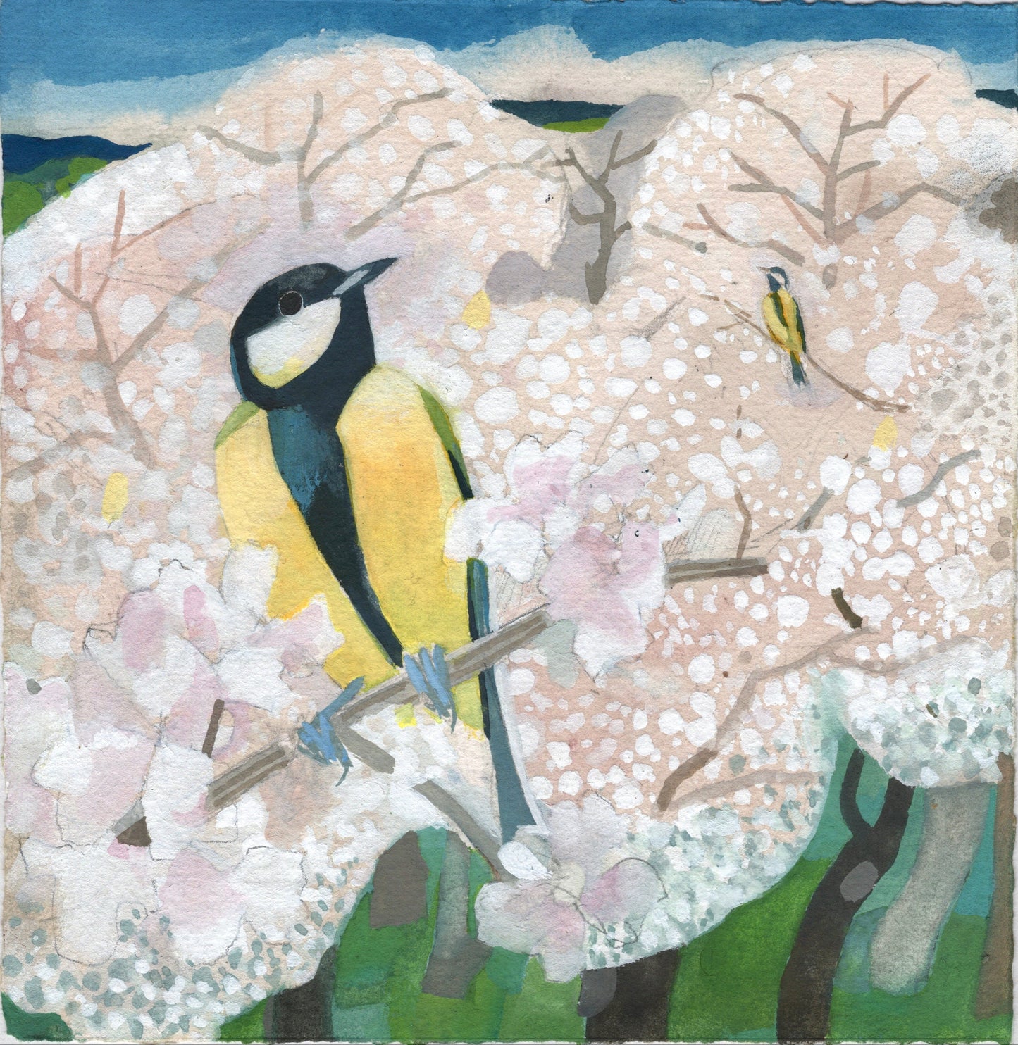 Artistic depiction of a bluebird perched on a branch with cherry blossoms and a blue sky in the background.