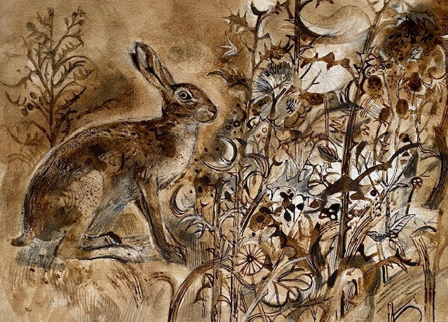 A detailed illustration of a hare sitting amidst a variety of flowers and plants. The artwork features earthy tones of brown and beige, highlighting the natural textures and patterns of the flora surrounding the hare.