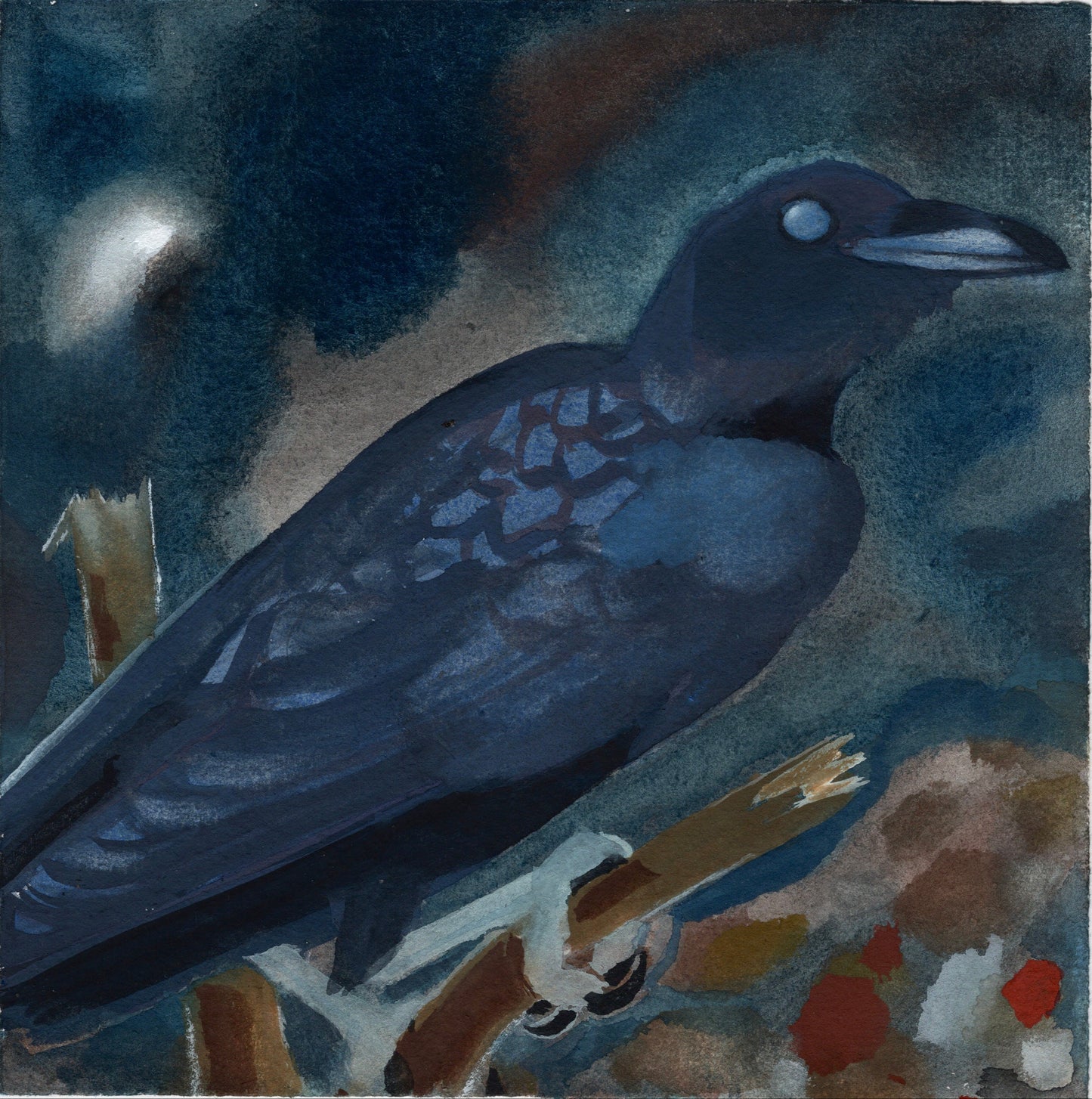 Artistic depiction of a crow with a dark, moody background. The crow is sat on a snapped branch and has one beady eye on show.