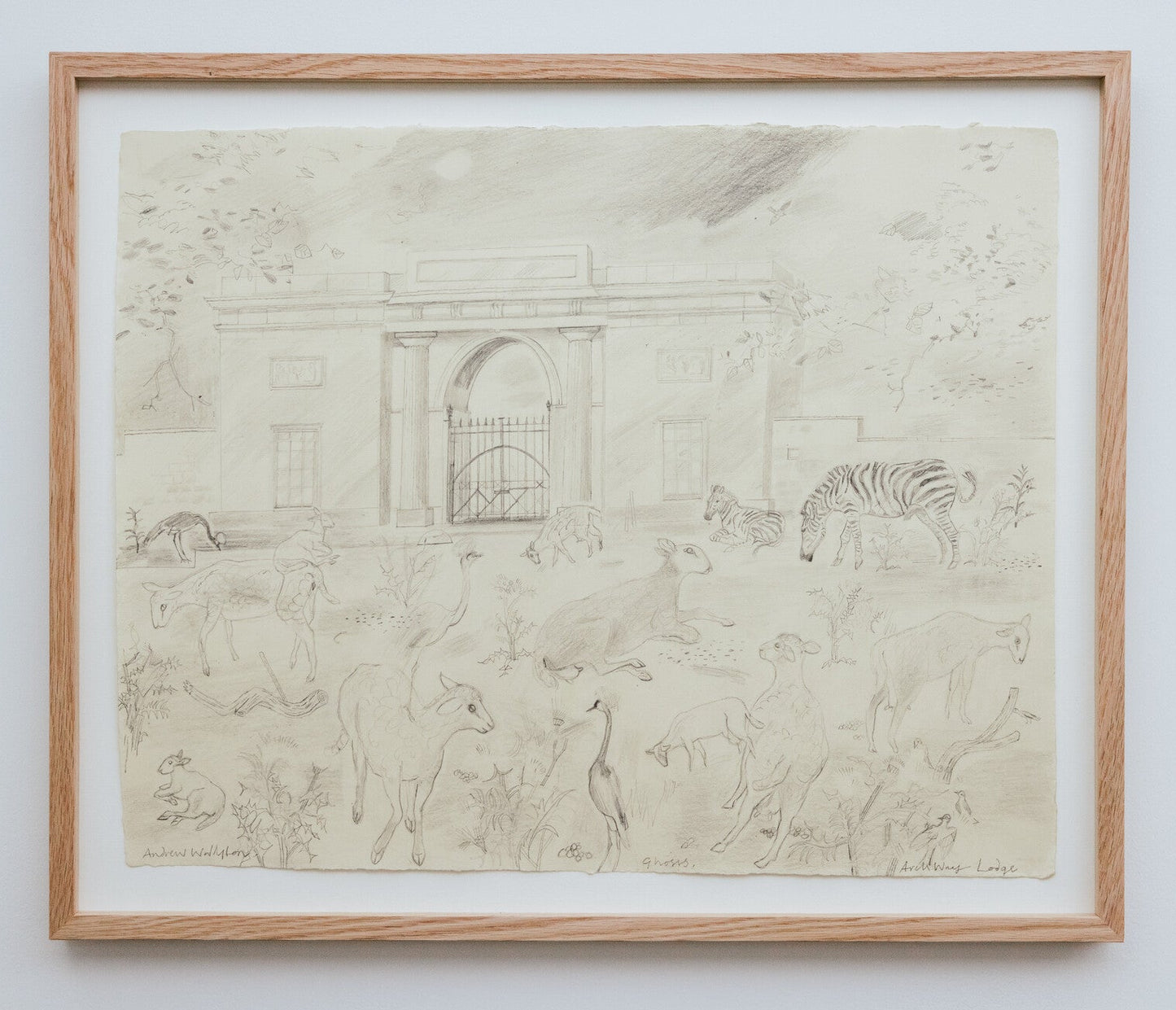 Framed black and white drawing of animals on a plain wall