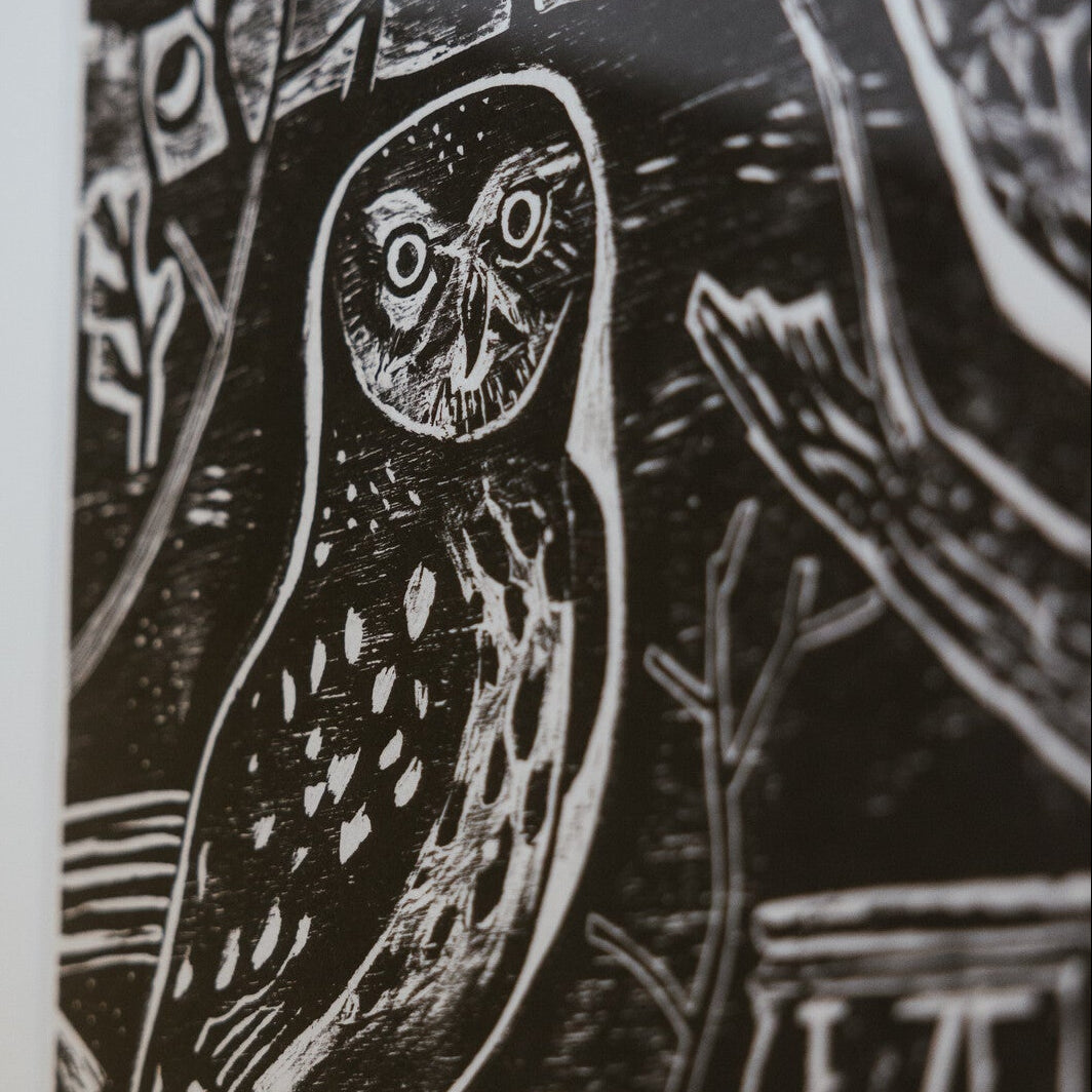 Black and white owl artwork with intricate details