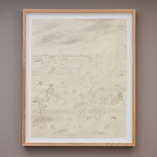 Framed abstract artwork on a brown wall