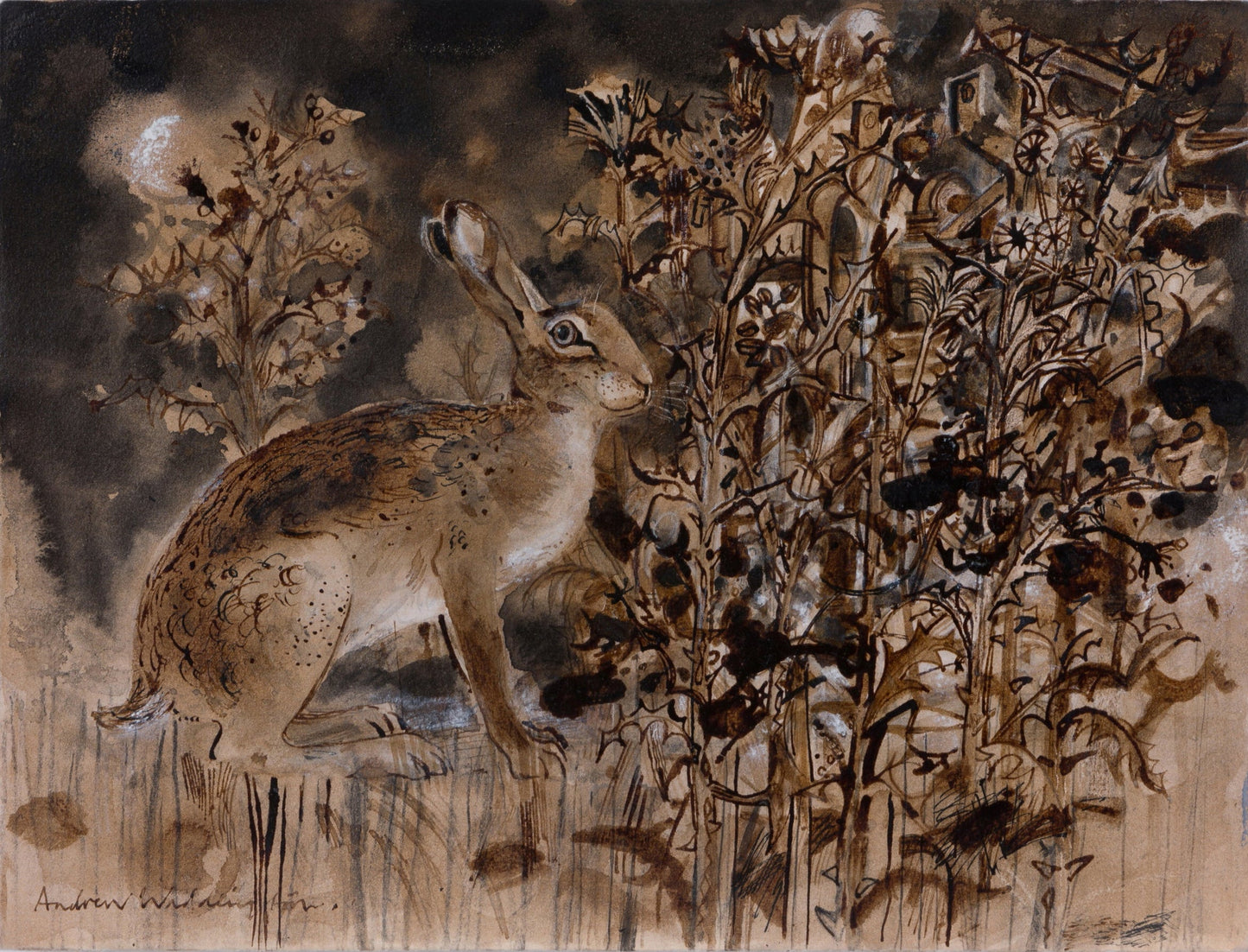 A detailed illustration of a hare sitting amidst a variety of flowers and plants. The artwork features earthy tones of brown and beige, highlighting the natural textures and patterns of the flora surrounding the hare.