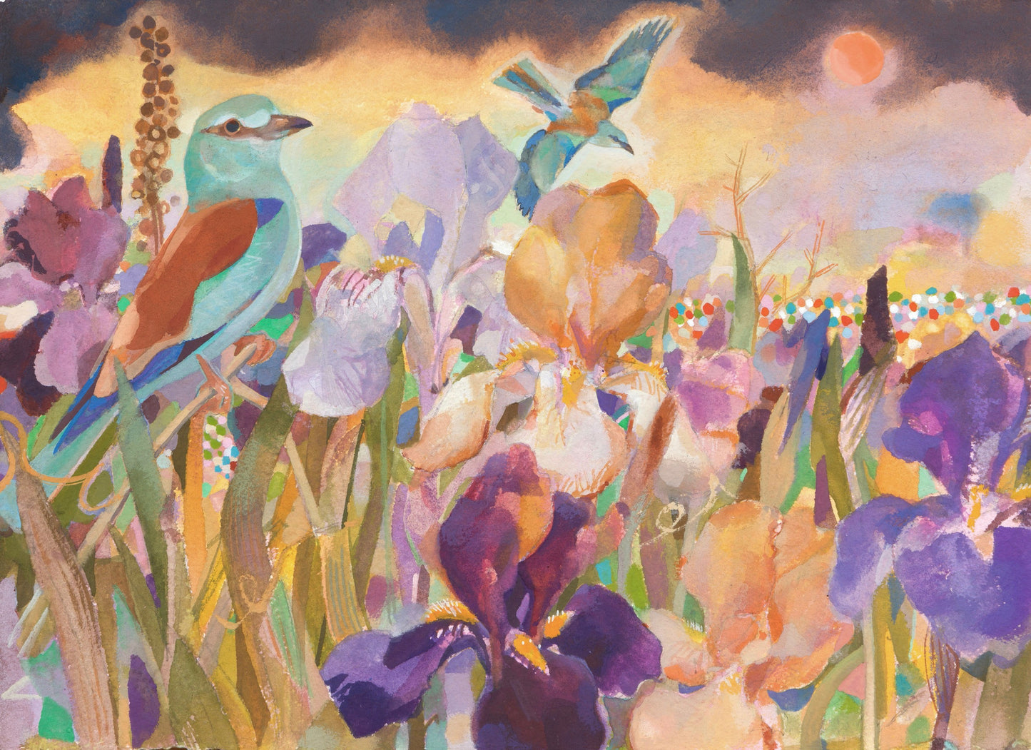 A vibrant painting featuring two birds amidst a field of irises. The background showcases a sunset with warm hues, while the irises display various shades of purple and yellow. The scene conveys a sense of tranquillity and natural beauty.