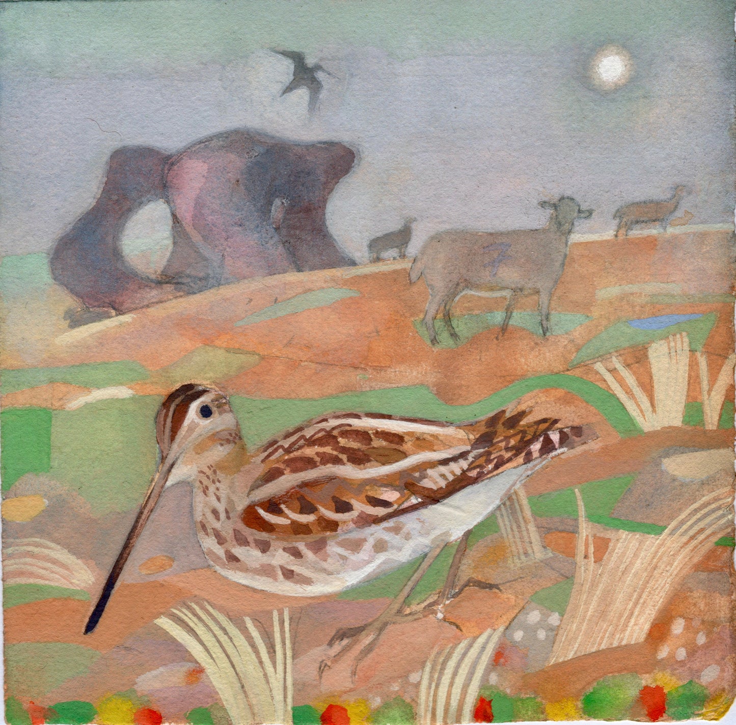 Artistic depiction of a bird in a natural landscape with animals and a moonlit sky.