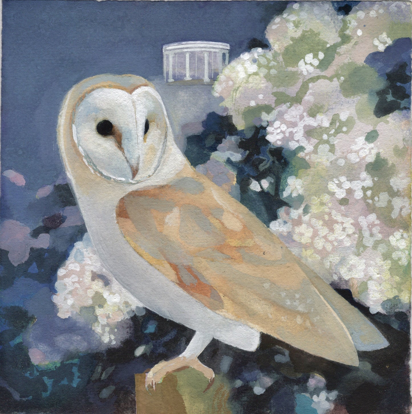 Artistic depiction of a beige owl with white and pink flowers around and a small Greek temple in the background.