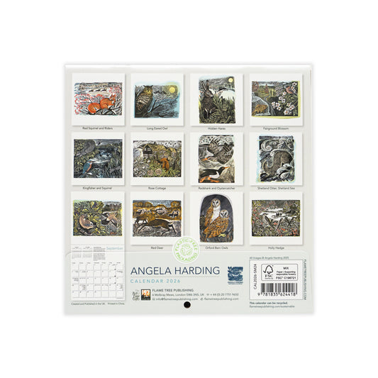 Angela Harding calendar with nature-themed illustrations on a white background. The back shows a mini version of the design for each month, all are animal related.
