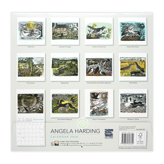 Angela Harding calendar with illustrations of nature scenes on a white background. The back shows a mini version of each months print. They are all animal based.