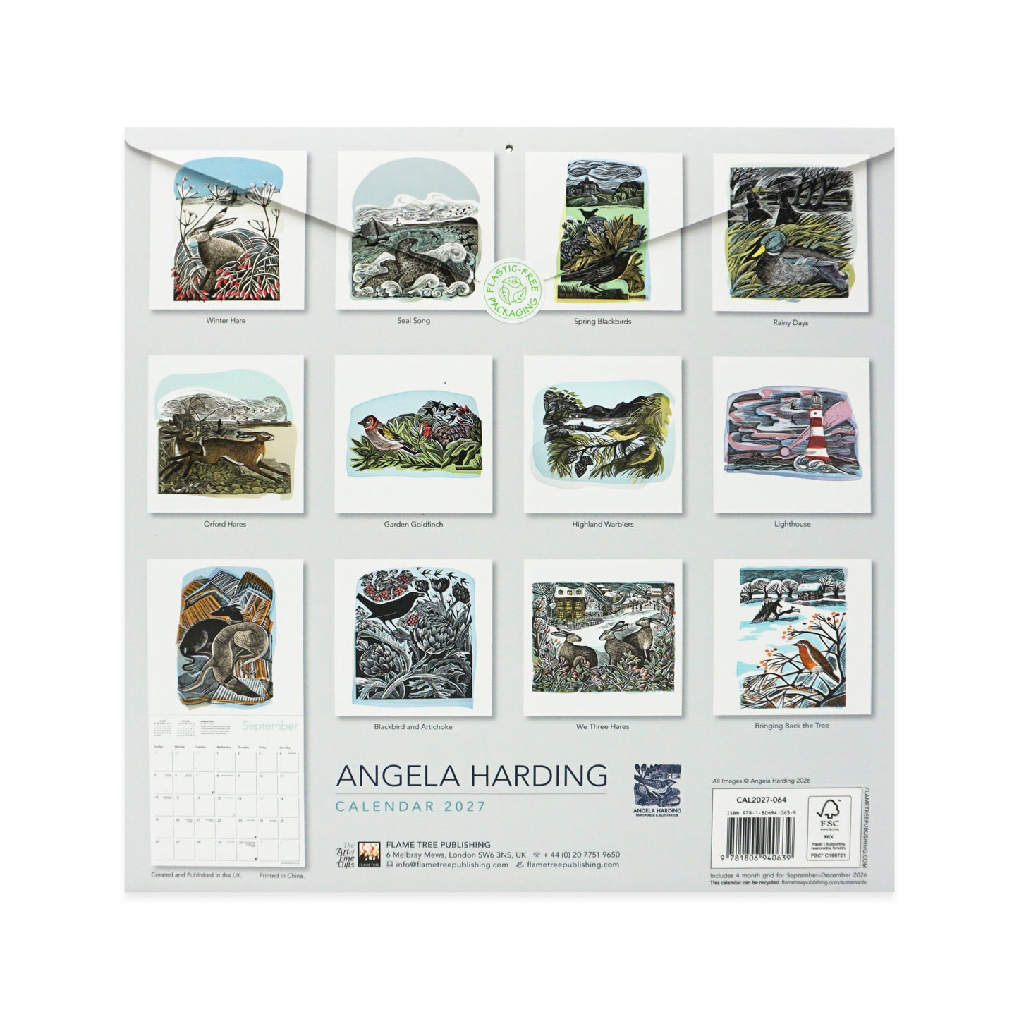 Angela Harding 2027 wall calendar displayed flat against a white background, showing a grid of twelve illustrated landscape and wildlife prints with the calendar cover details visible at the bottom.