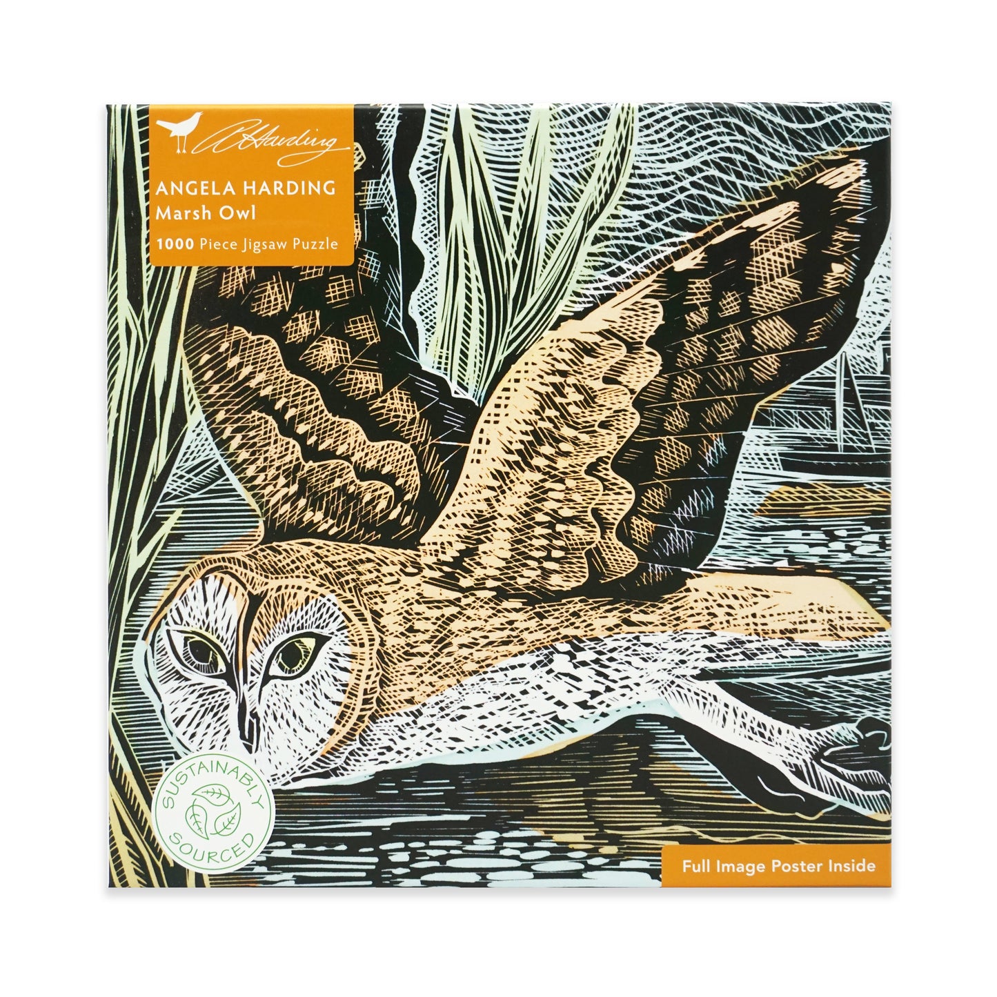 Square jigsaw puzzle box with an owl in flight illustration. The main colours used are blue, green, beige and white. The box features orange branding and is on a plain white background.