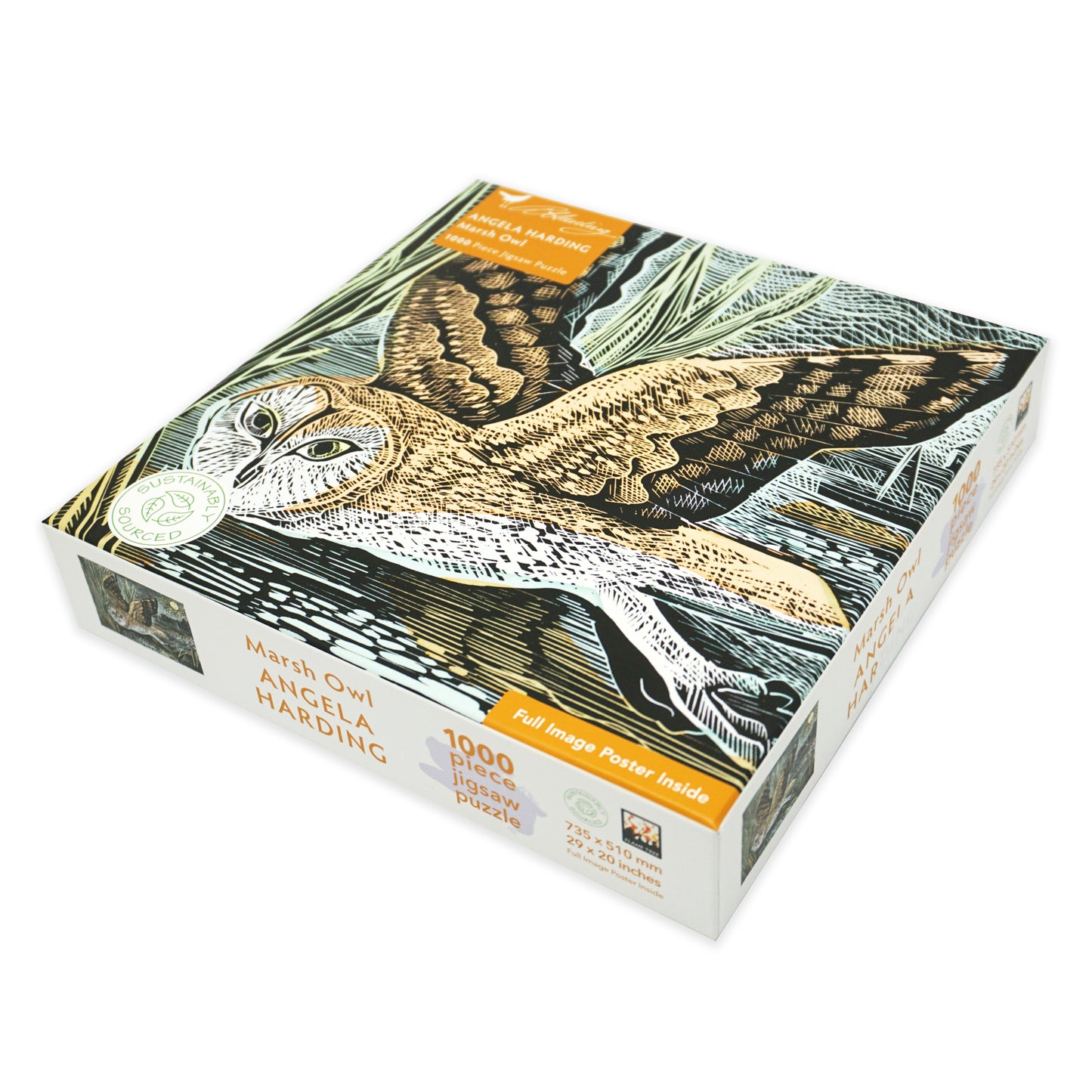 A square jigsaw puzzle box with an owl in flight illustration. The main colours used are blue, green, beige and white. The box features orange branding and is on a plain white background. There is black text and a 'sustainably sourced' logo.
