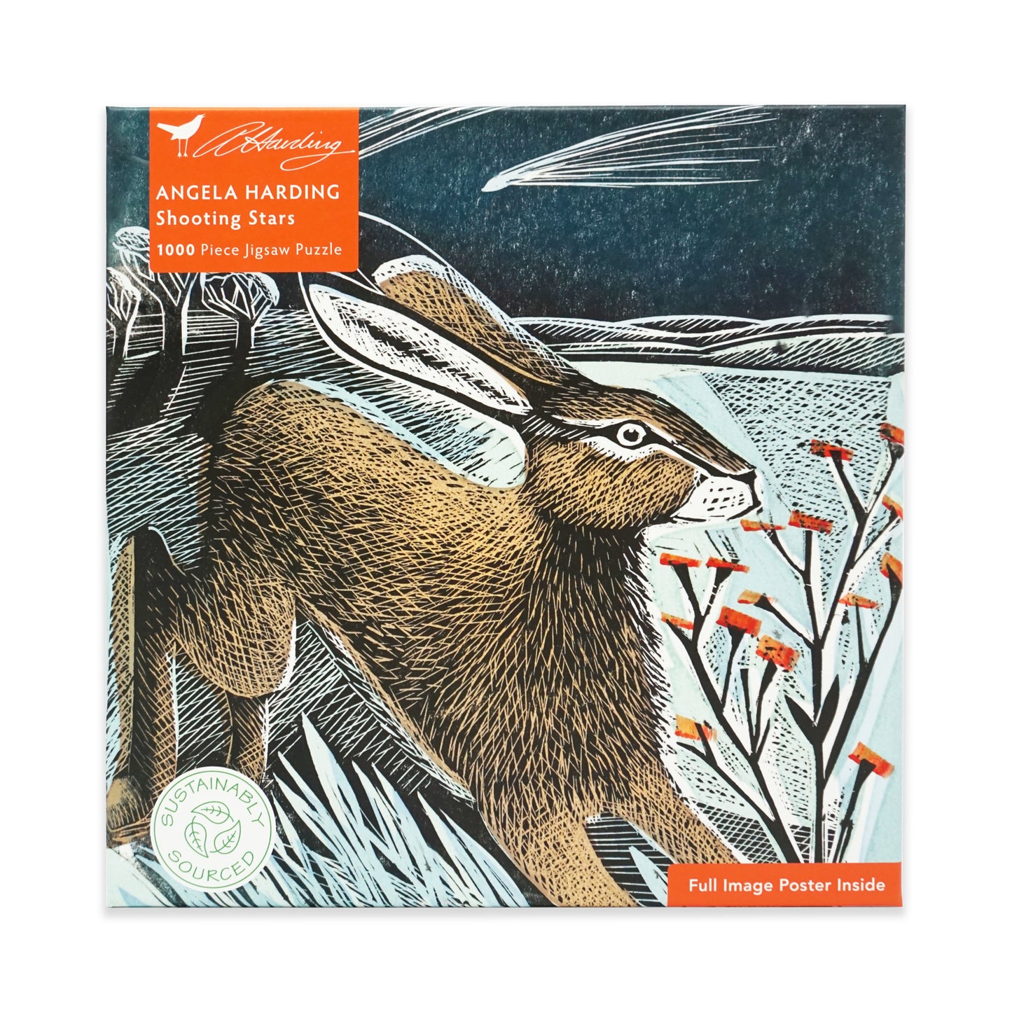 Jigsaw puzzle box featuring a hare linocut, there is orange foliage and a shooting star in the dark blue night sky within the background of the linocut. The box is square and is on a plain white background.