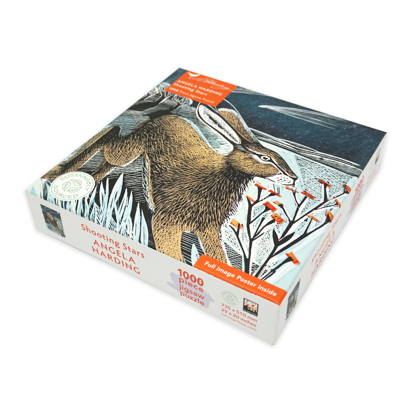 Jigsaw puzzle packaging featuring a hare linocut. The box is square and is on a plain white background.