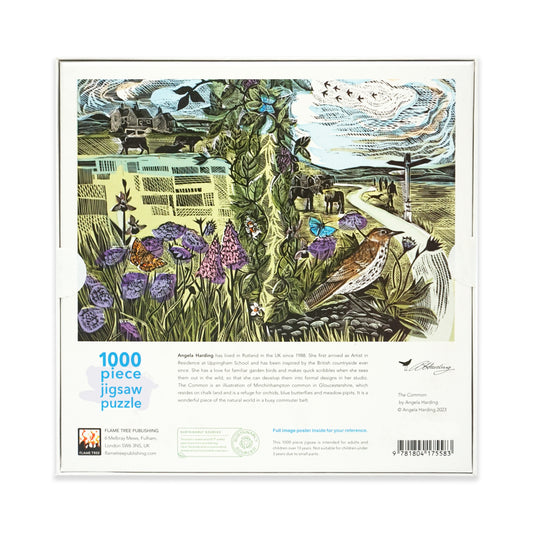 The back of a square jigsaw puzzle box with nature-themed design. There is black text on a white background and a 'sustainably sourced' logo.