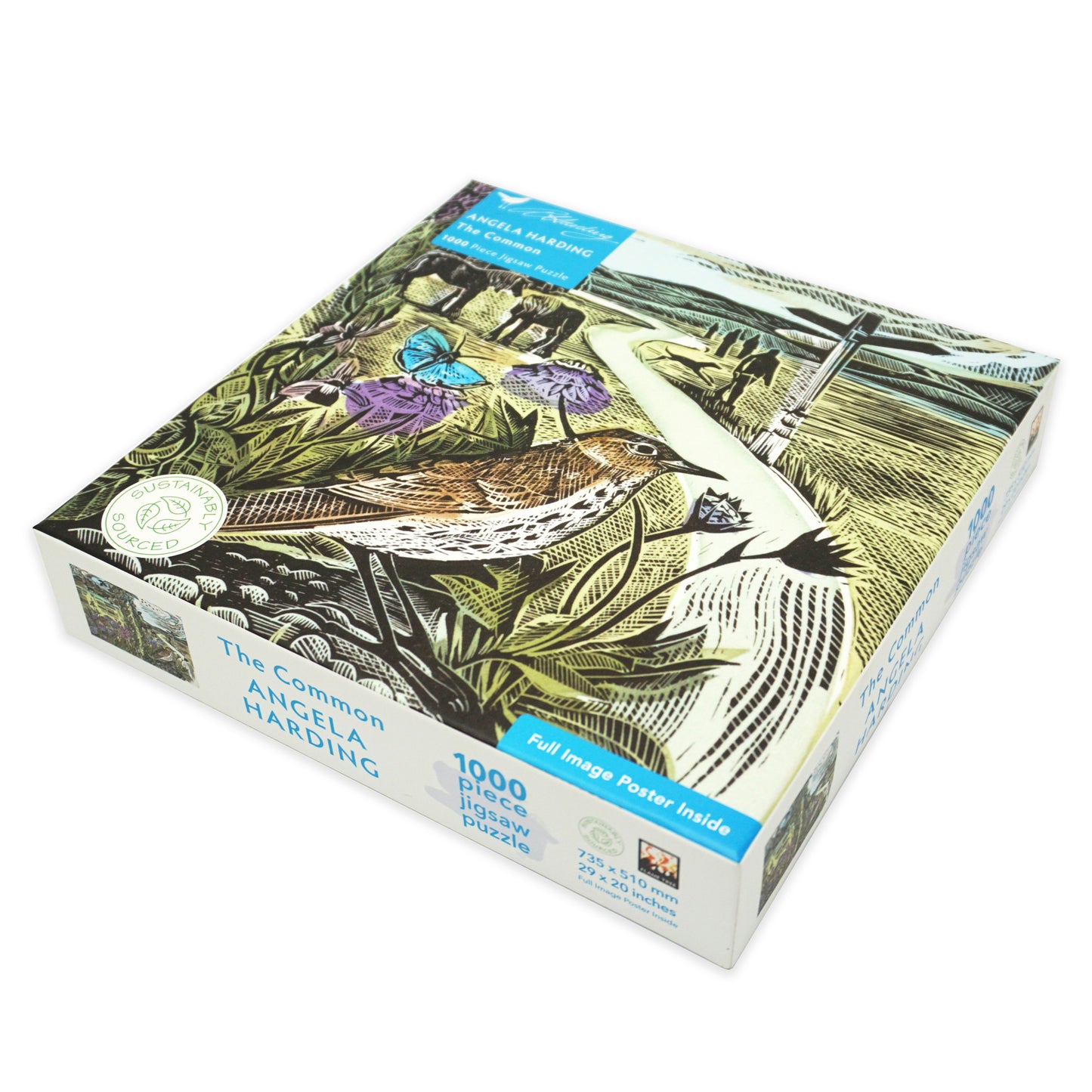 The back of a square jigsaw puzzle box with nature-themed design. There is black text on a white background and a 'sustainably sourced' logo.