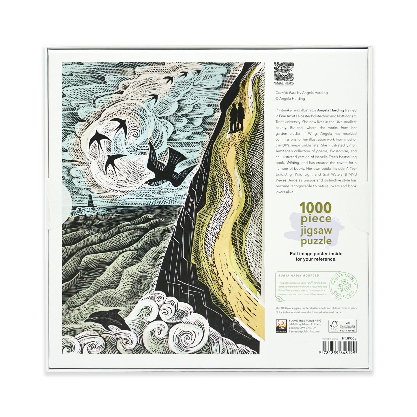 Jigsaw puzzle packaging with artistic design of a landscape, path, and birds. The back of the box features black text and a 'sustainably sourced' logo.