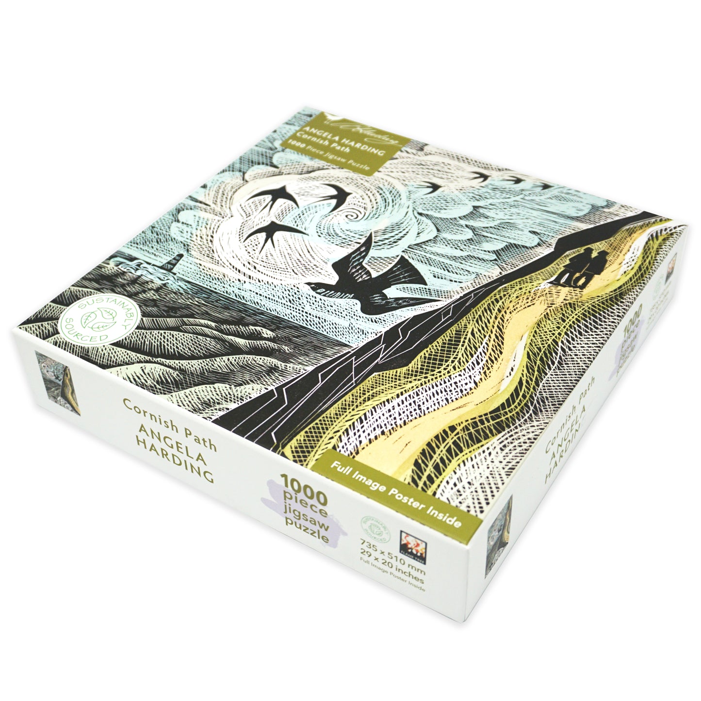 Jigsaw puzzle packaging with artistic design of a landscape, path, and birds. The back of the box features black text and a 'sustainably sourced' logo.
