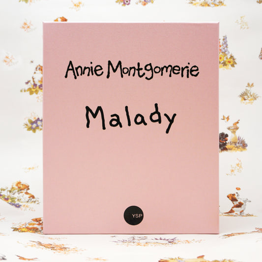 A pink rectangular box standing upright, with the text 'Annie Montgomerie Malady' in black script and a small black circular 'YSP' mark near the bottom. The background is a white floral print surface.