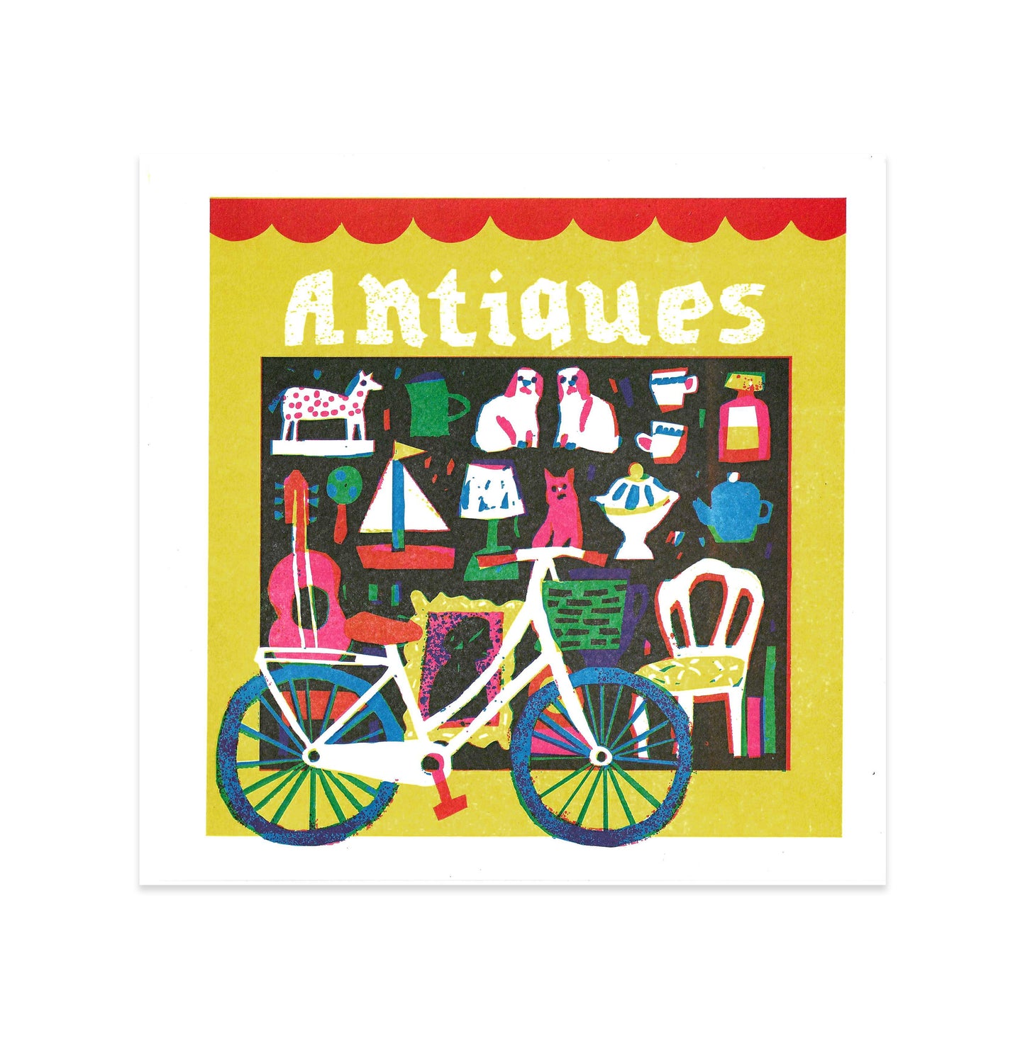 A vibrant illustration featuring a white bicycle in front of a shop window displaying various antiques, including a guitar, a chair, and decorative items. The background is bright yellow with the word "Antiques" prominently displayed at the top.