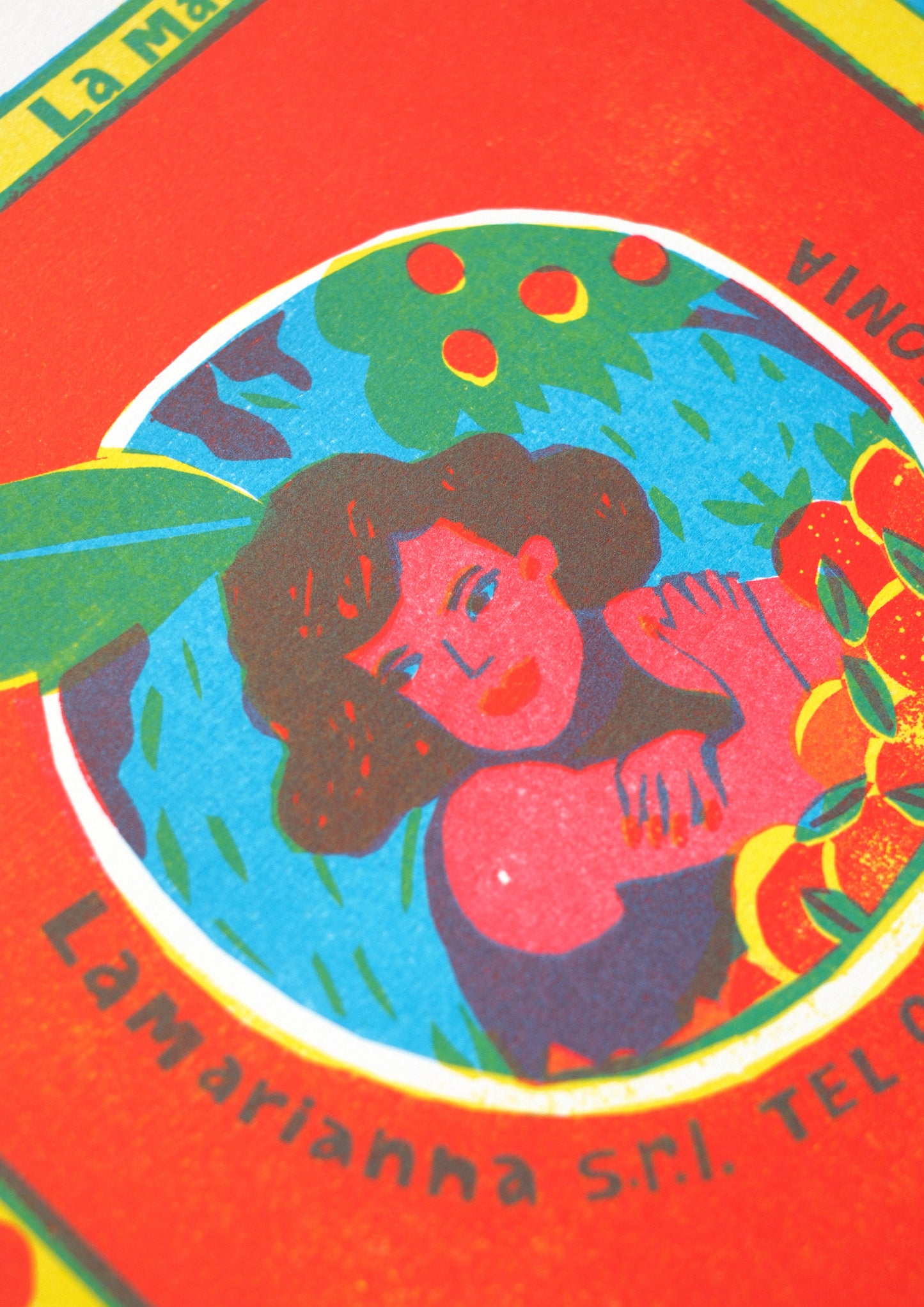 A vibrant illustration featuring a smiling woman surrounded by orange trees and fruit. The background is bright red and yellow, with the word "ARANCIA" prominently displayed. The design is framed with a border of small tomatoes.