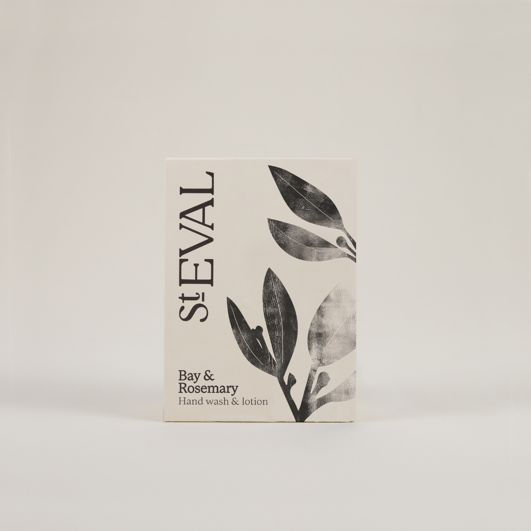 A beige box with a foliage pattern on the right hand side on a plain grey background, featuring the branding 'St Eval' in black text.