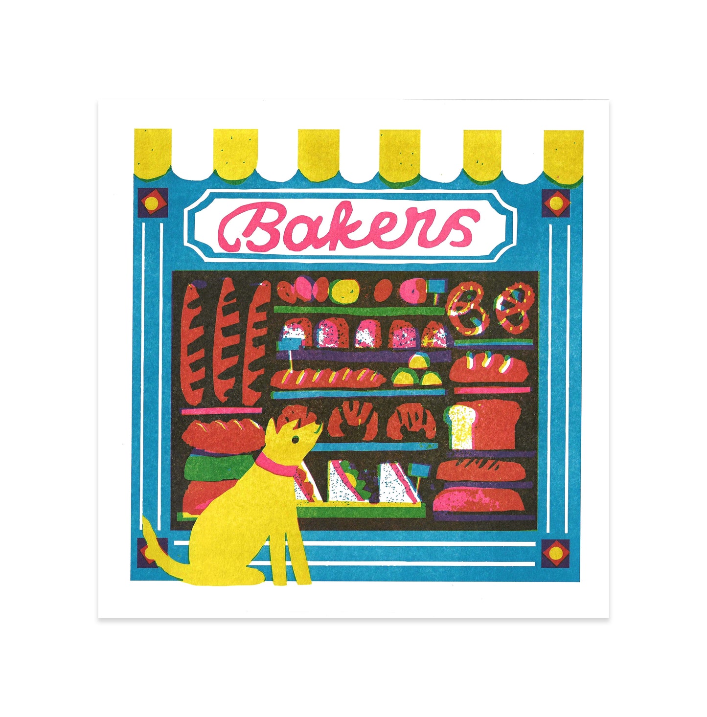 A vibrant illustration of a bakery storefront, featuring a variety of baked goods like bread and pastries. A cheerful yellow dog sits in front, looking towards the display, framed by a blue and white striped awning.