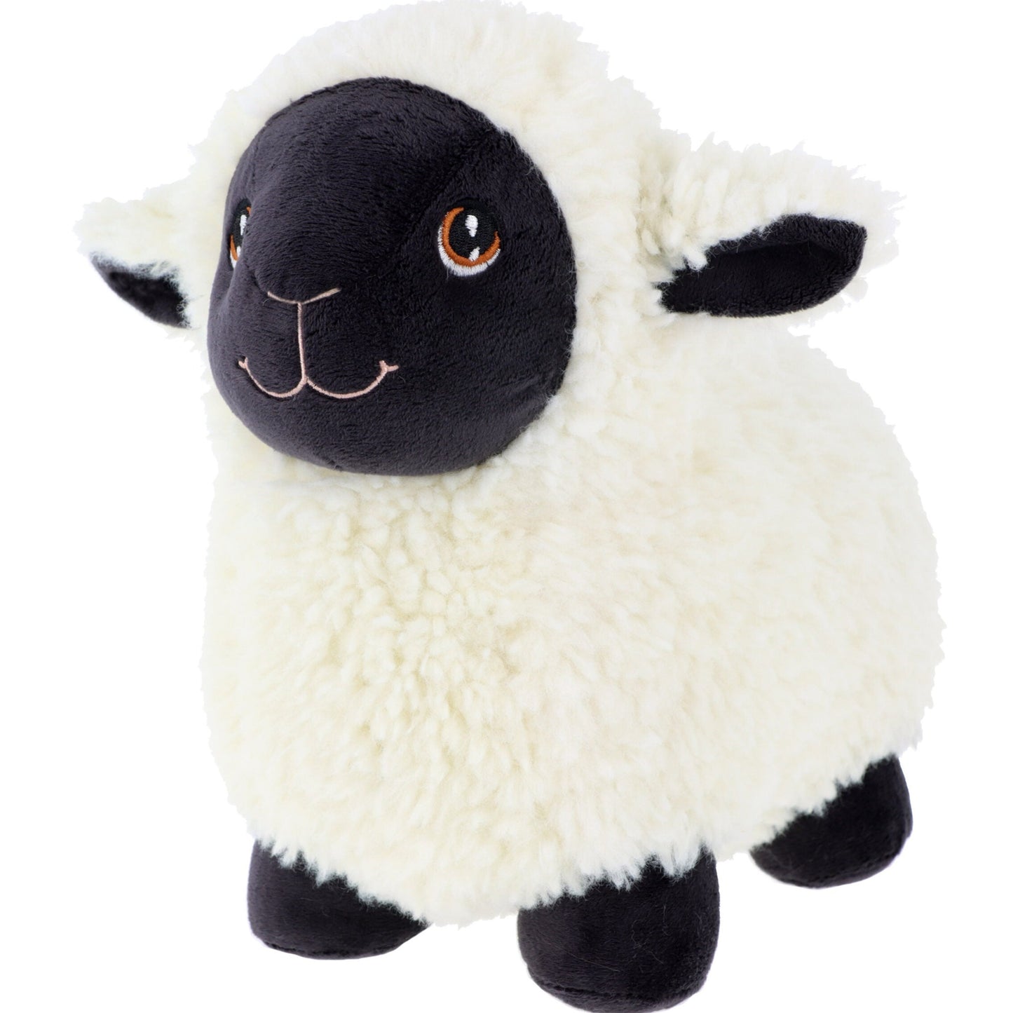 A soft, plush sheep toy with a fluffy white body and a black face. It has large, friendly eyes and small, rounded ears, making it an adorable companion for children. The sheep stands on four sturdy legs, ready for playtime.