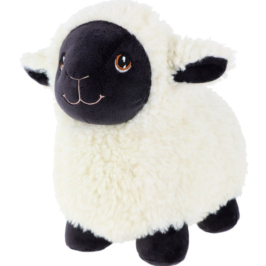 A soft, plush sheep toy with a fluffy white body and a black face. It has large, friendly eyes and small, rounded ears, making it an adorable companion for children. The sheep stands on four sturdy legs, ready for playtime.