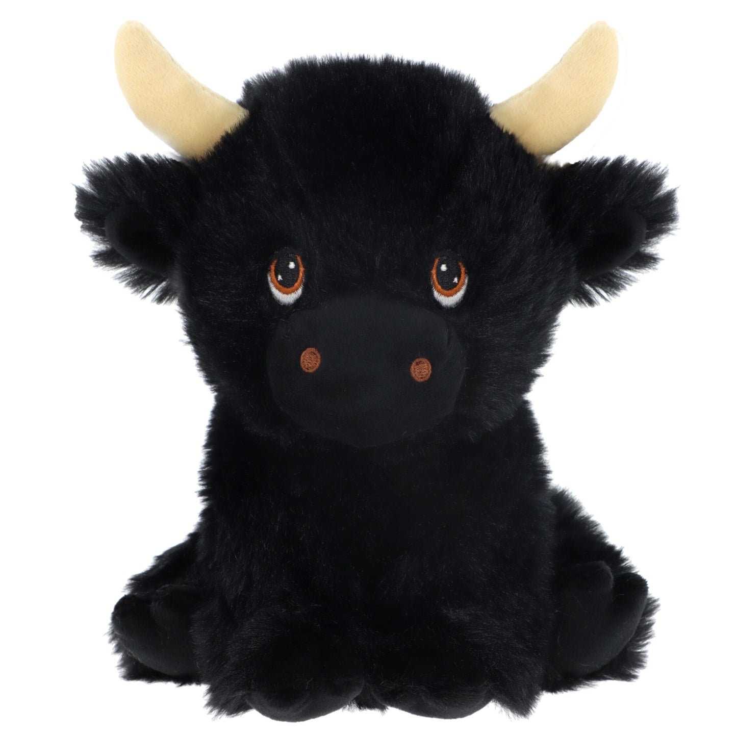 A cute, plush black bull with soft fur, large expressive eyes, and small beige horns. It sits with its paws tucked under, exuding a friendly and cuddly appearance, perfect for children or as a decorative item.