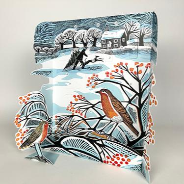 Decorative advent calendar with a winter scene featuring birds, trees and a winter cottage. The main colours are blue, red, black and white.