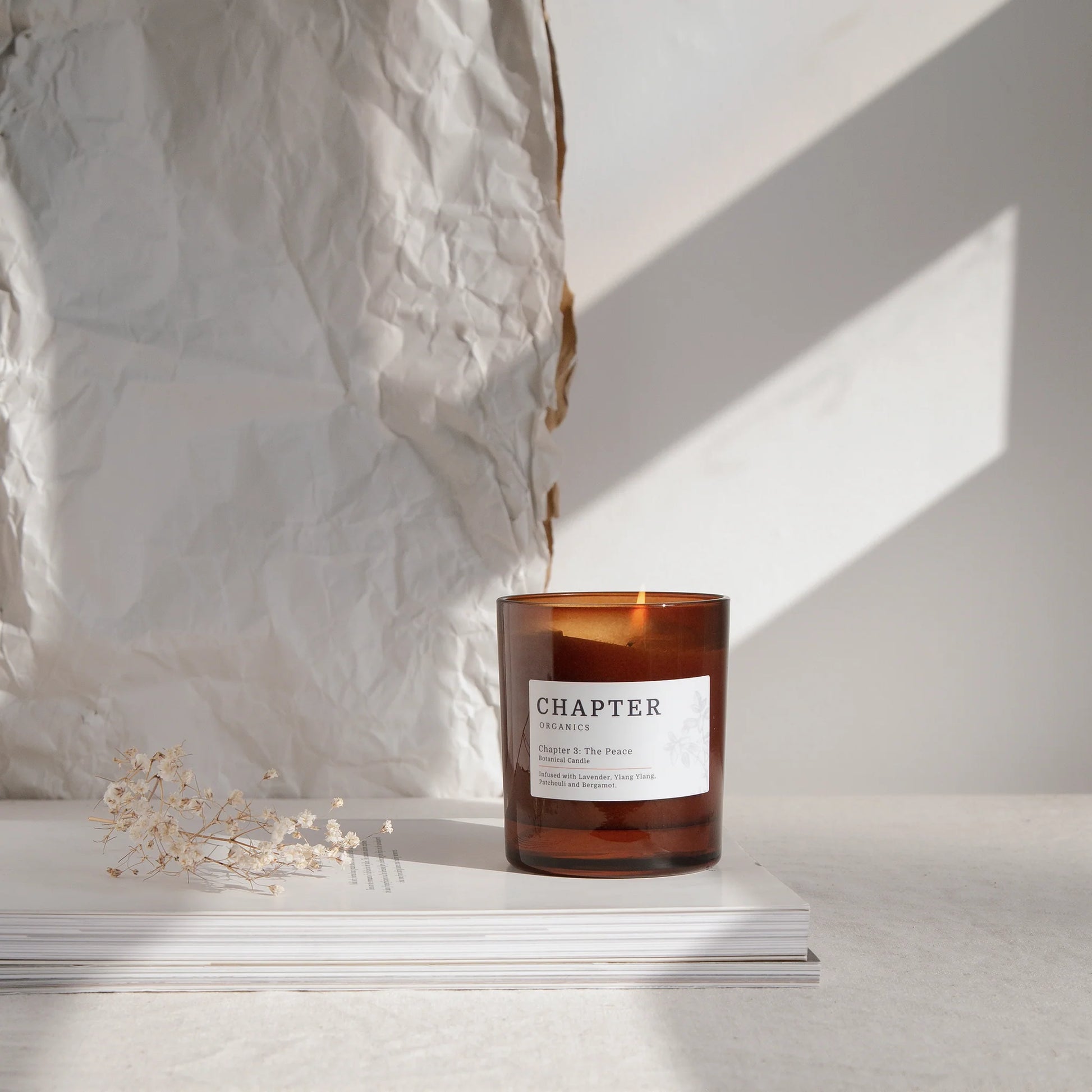 A warm amber candle sits on a stack of white books against a textured, crumpled backdrop. Soft sunlight casts gentle shadows, highlighting the candle's label that reads "CHAPTER" and "Chapter 1: The Peace." A delicate dried flower adds a touch of elegance.
