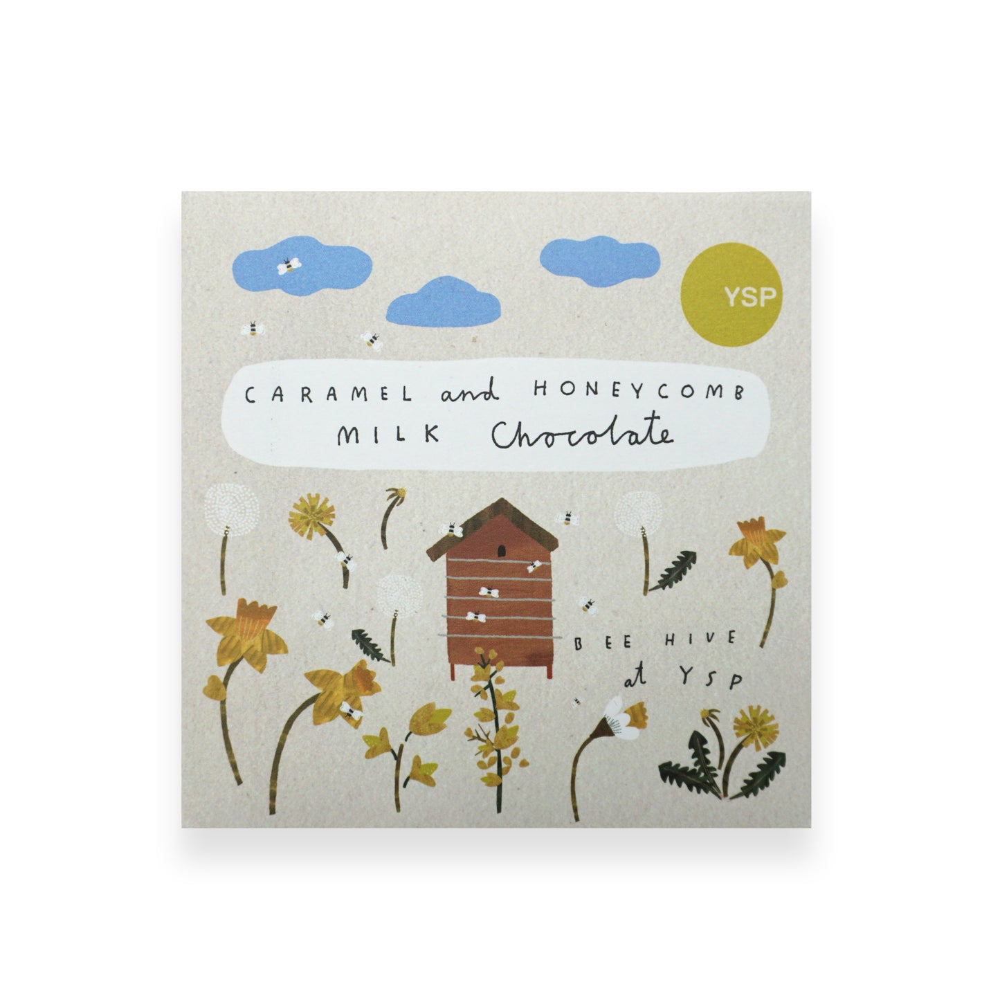 A beige cardboard packet of chocolate featuring illustrations of flowers, clouds, bees and a hive.
