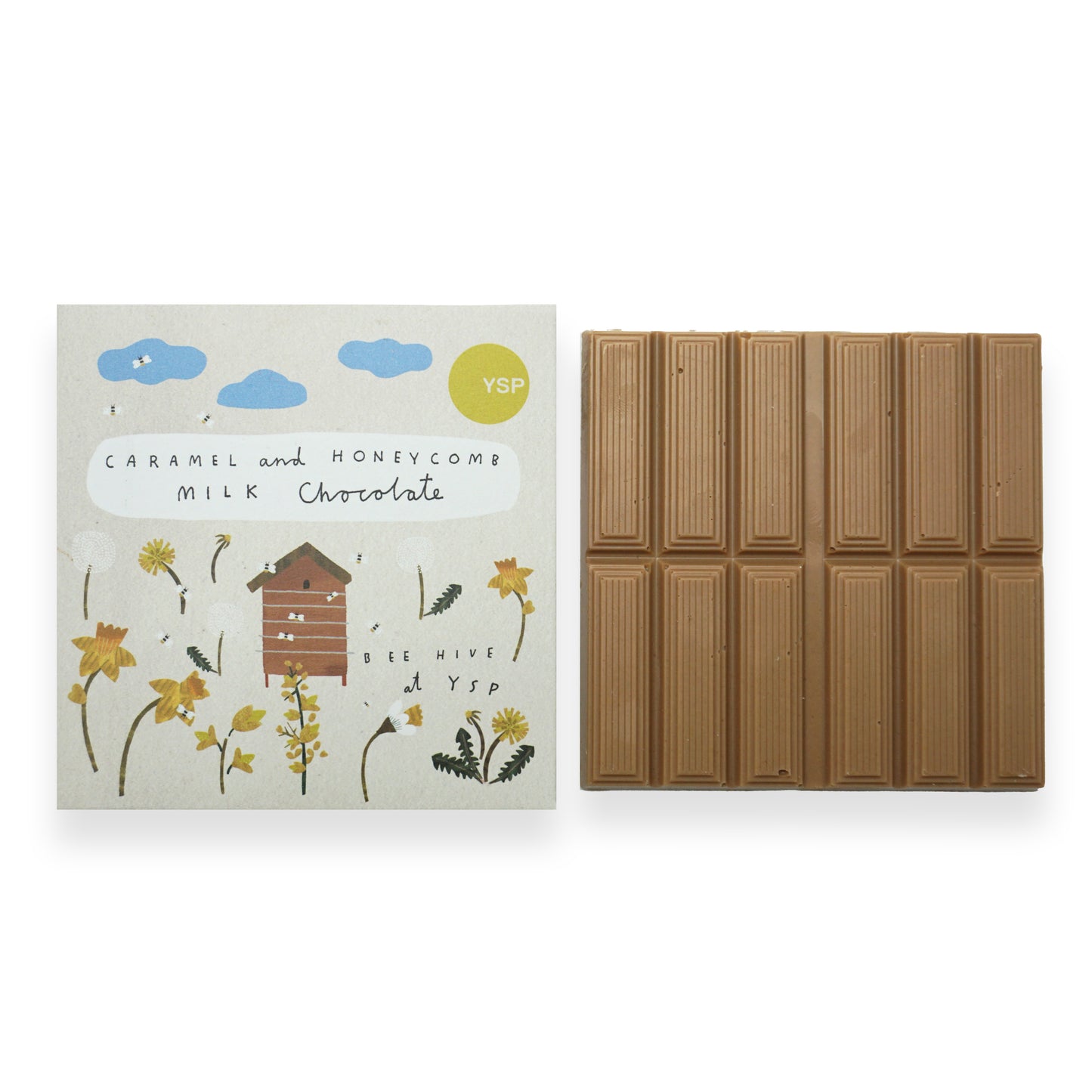 A beige cardboard packet of chocolate featuring illustrations of flowers, clouds, bees and a hive next to a square milk chocolate bar.