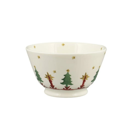 Decorative ceramic bowl with Christmas tree and star designs on a white background
