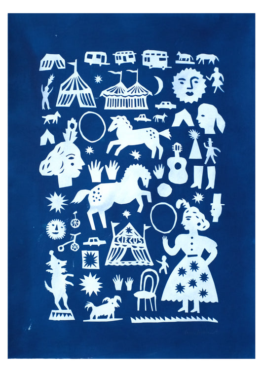 A blue background features a collage of white silhouettes, including a circus tent, horses, a guitar, various faces, and whimsical figures. The design is playful and artistic, showcasing a variety of shapes and motifs in a folk art style.