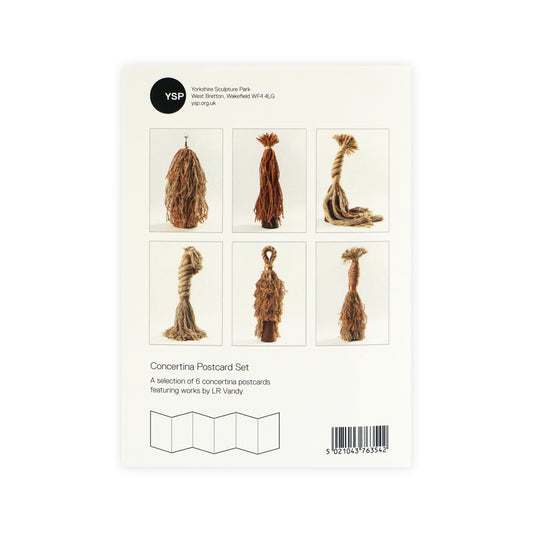 A postcard set featuring six images of artistic rope sculptures by LR Vandy. The designs showcase various textures and forms, displayed on a cream background with the Yorkshire Sculpture Park logo and details at the bottom.