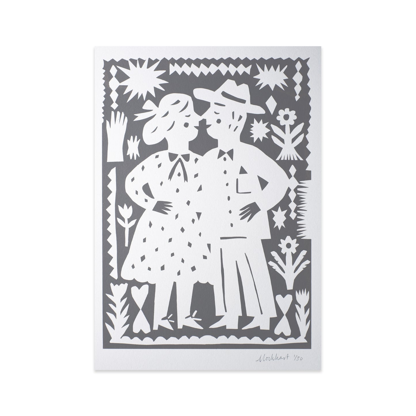 An artwork featuring a couple standing close together, surrounded by floral and geometric patterns. The figures are stylised, with the woman in a dotted dress and the man wearing a hat, both smiling.