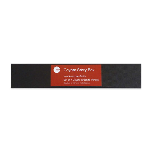 A rectangular black box labelled "Coyote Story Box" contains a set of four Coyote Graphite Pencils by Neal Ambrose-Smith. The label is red with white text, and mentions the YSP and Tia Collection.
