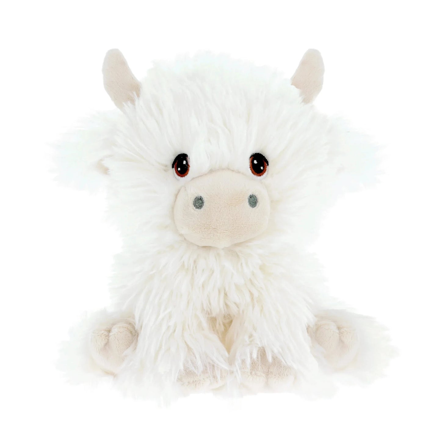 A fluffy white plush toy resembling a cow, featuring soft fur, small horns, and large, expressive eyes. The toy is seated with its front paws visible, exuding a cute and cuddly appearance.