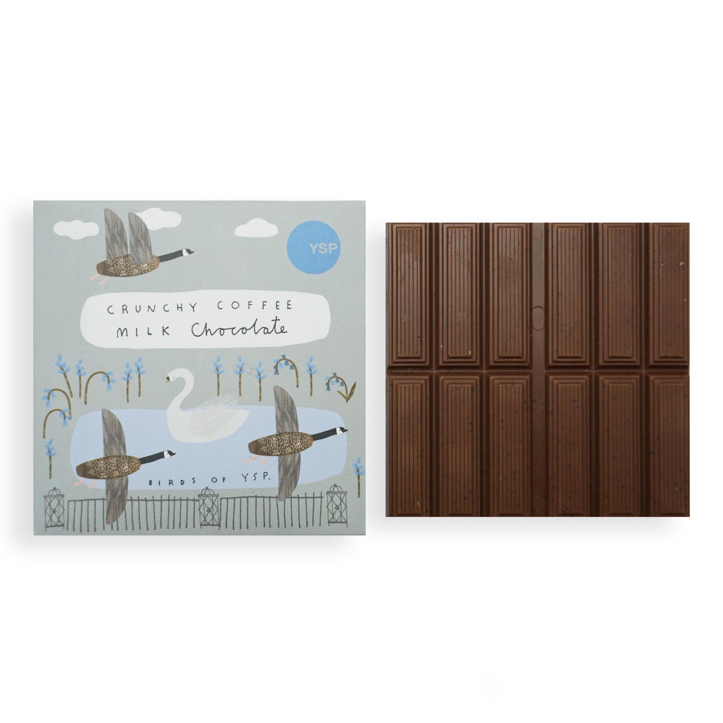 A square blue cardboard packet of chocolate featuring illustrations of geese, flowers, a pond and a swan next to a square bar of milk chocolate.