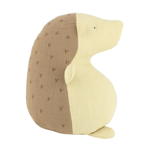 Plush toy hedgehog with brown back and cream front on a white background