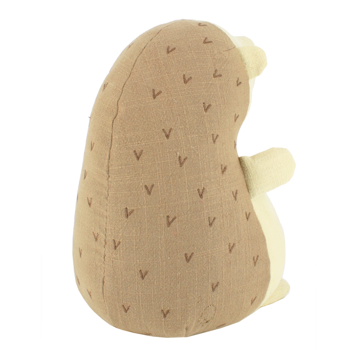 Plush toy hedgehog with brown back and cream front on a white background