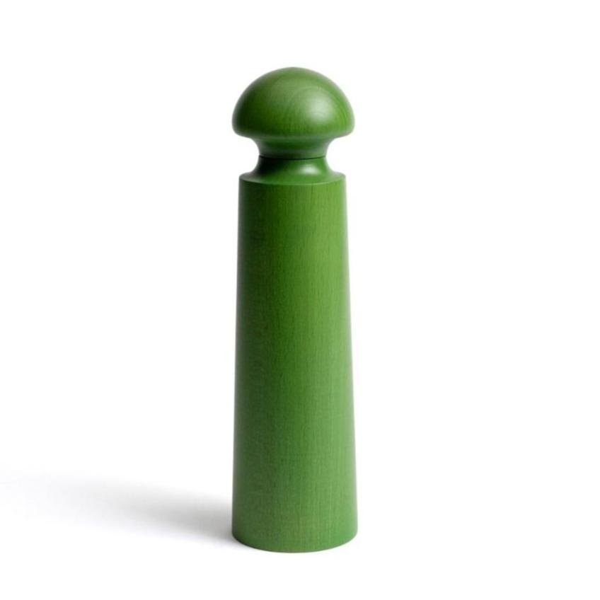 A tall, cylindrical wooden object in a vibrant green hue, featuring a rounded top. The design is simple and modern, with a smooth finish, standing upright against a plain white background.