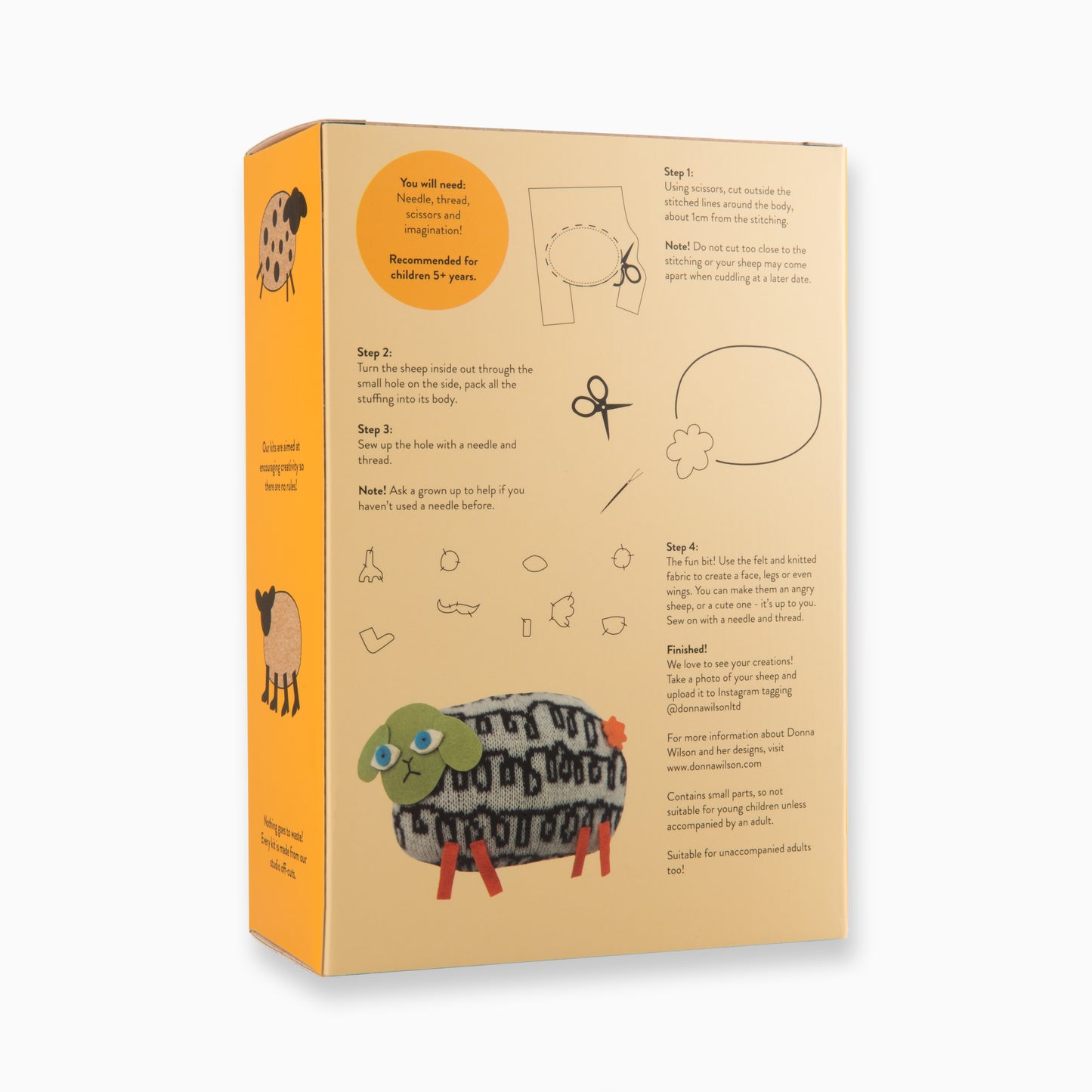 The back of a brown and orange rectangular cardboard box that features drawings and written instructions of how to create the craft kit.