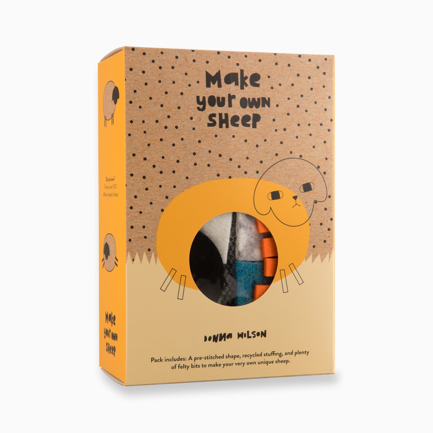 A brown and orange rectangular cardboard box that features a drawing of a sheep and a hole in the middle where you can see the materials included.