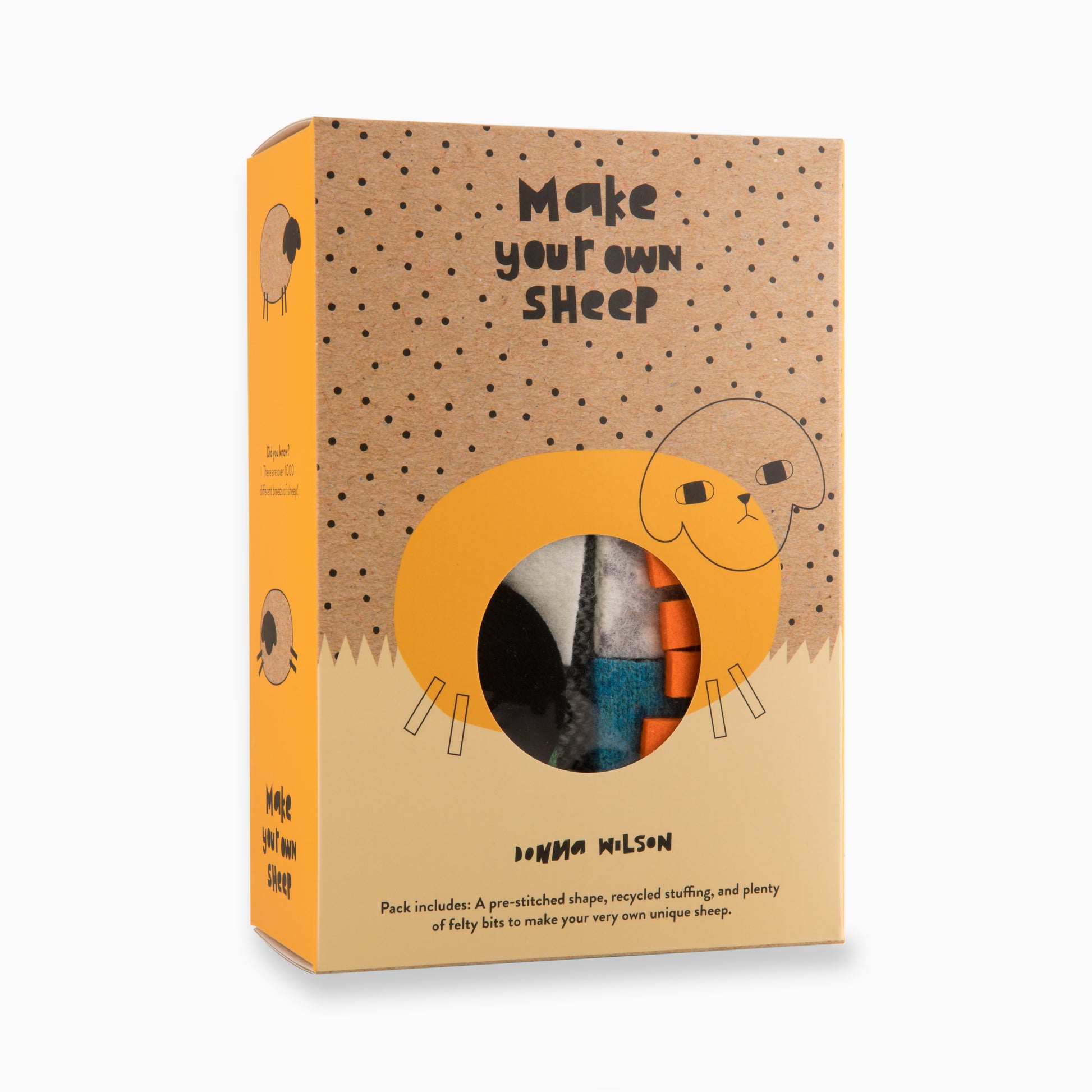 A brown and orange rectangular cardboard box that features a drawing of a sheep and a hole in the middle where you can see the materials included.
