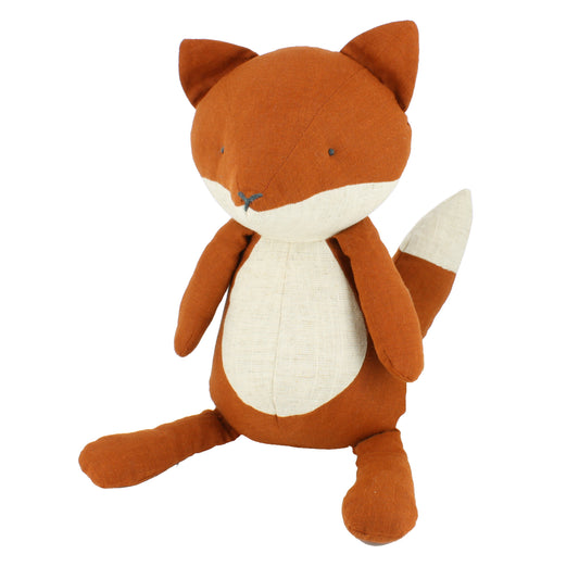 Plush fox toy in shades of orange and cream on a white background