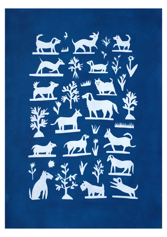 A blue background features a collage of white silhouettes depicting various dogs and trees. The designs are arranged in a grid pattern, showcasing playful and stylised representations of animals and nature.