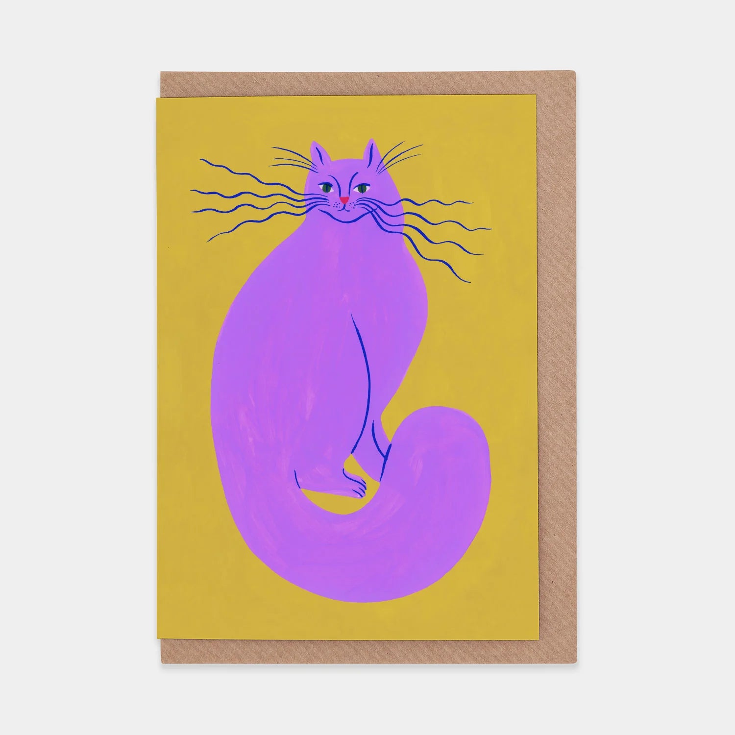 A vibrant illustration of a large, purple cat with long whiskers, sitting against a bright yellow background. The cat has a playful expression and is outlined in black, adding a whimsical touch to the design. The card is set on a brown kraft background.